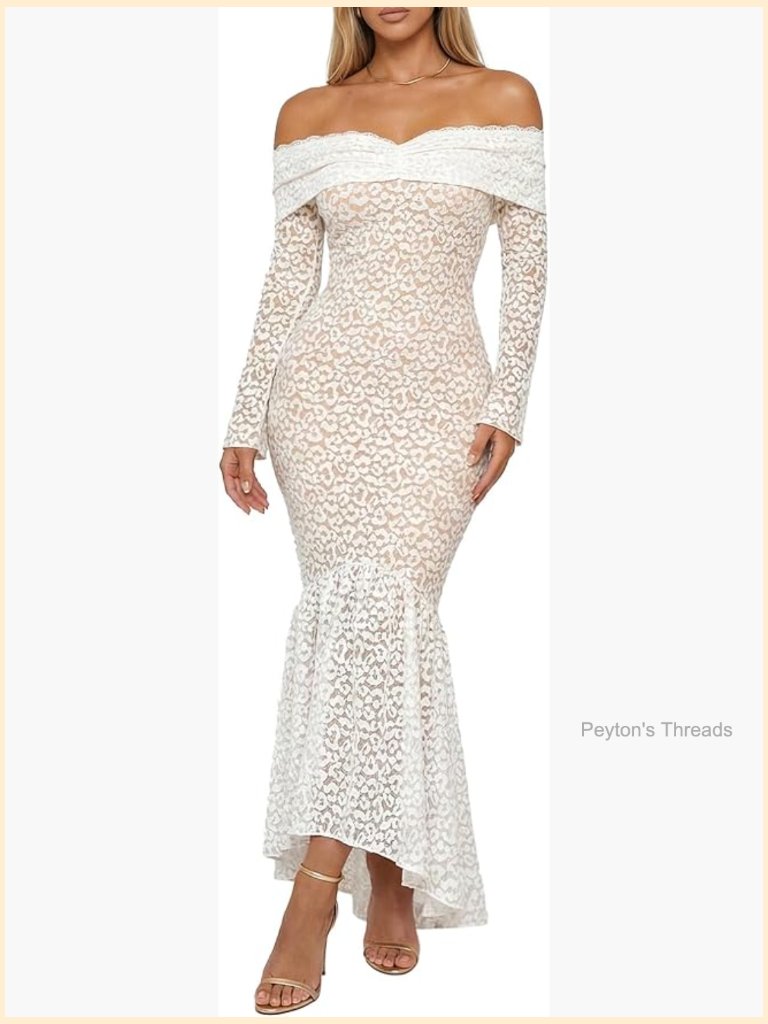 Off The Shoulder Lace Maxi Dress With Built-In Bra Long Sleeve Bodycon Evening